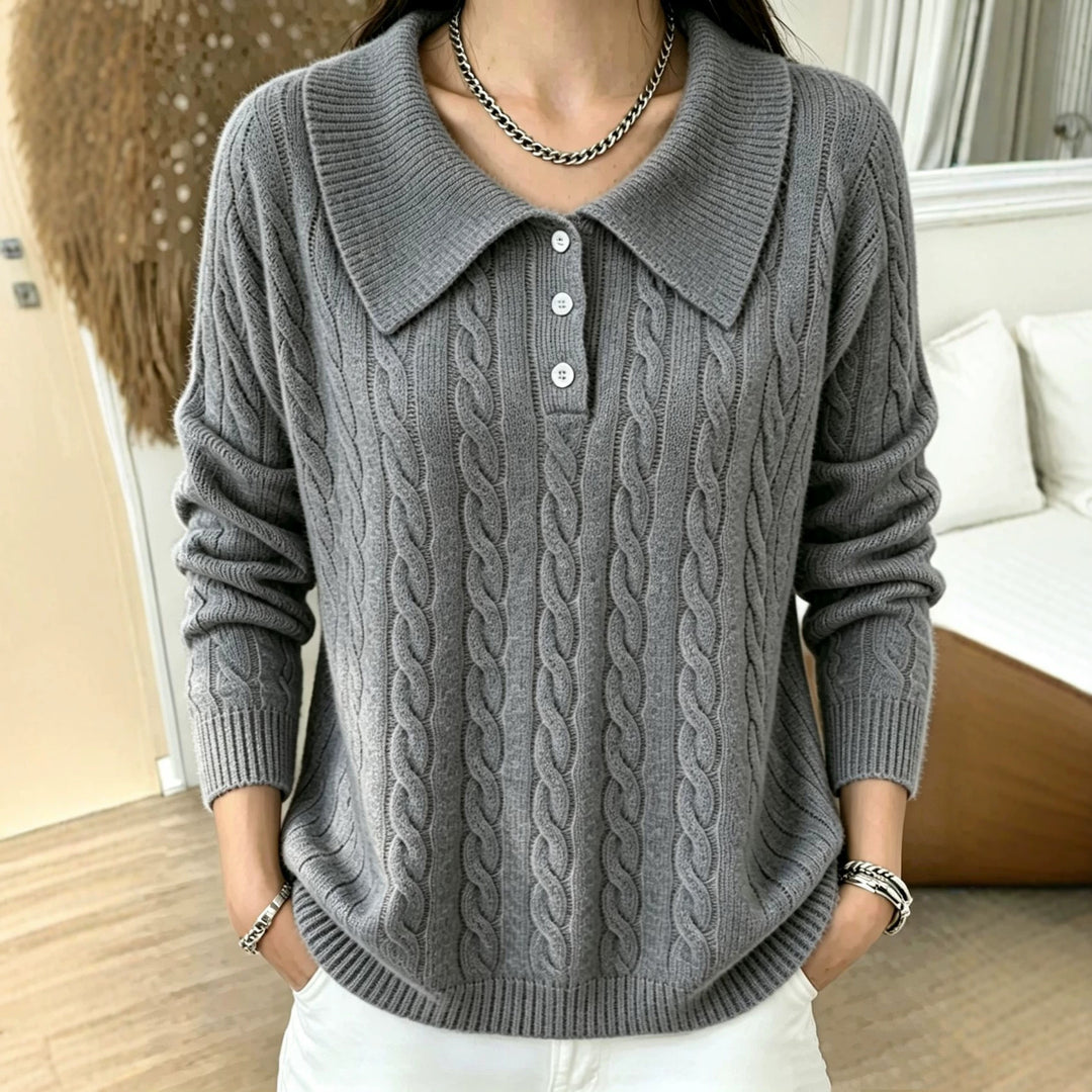 Women's cable knit polo sweater with large folded collar and relaxed silhouette Mune Fashion