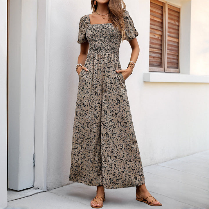 Women's Floral Smocked Jumpsuit with Square Neckline, Puff Sleeves, and Wide Leg Cut Mune Fashion
