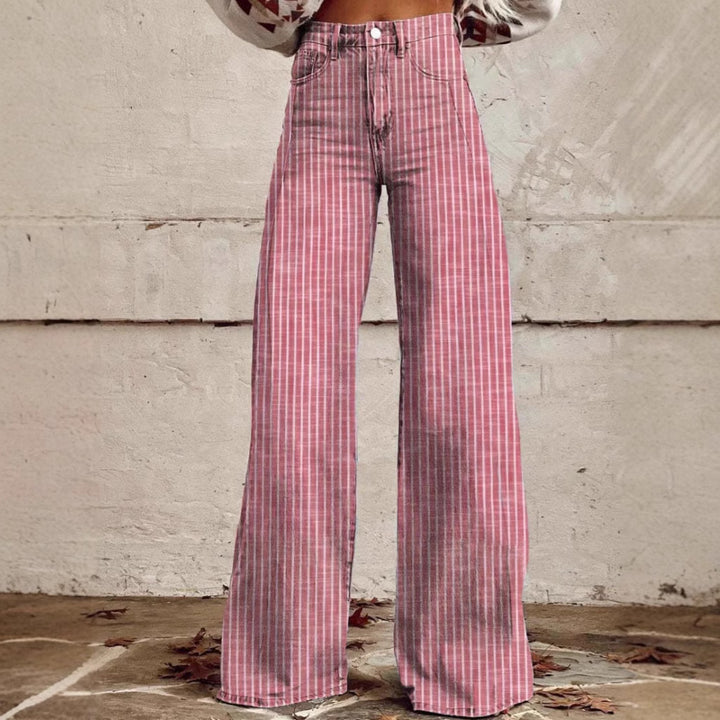 Women's wide trousers with a high waistband in linen look and vertical pinstripes flared trousers Mune Fashion
