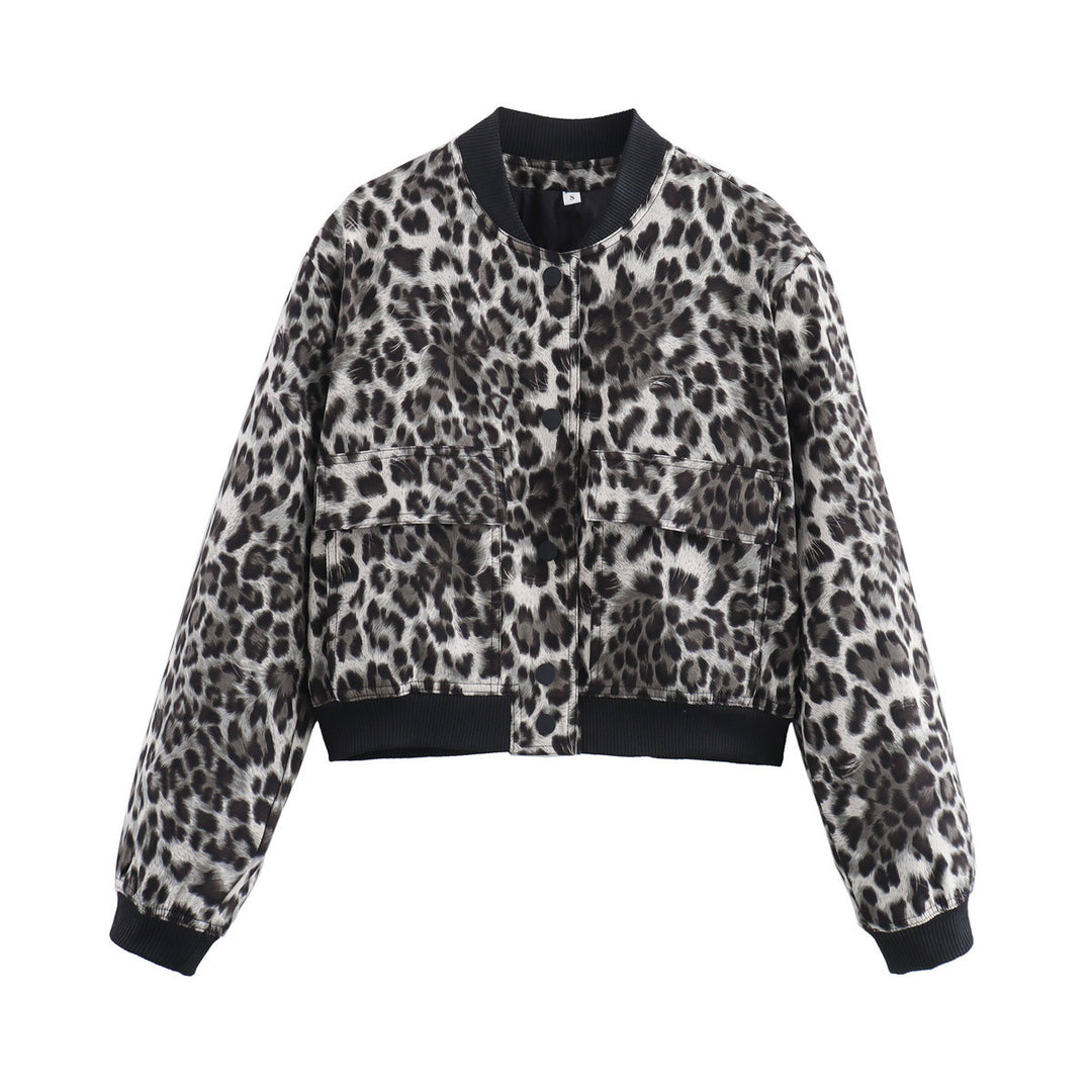 Women's Short Bomber Jacket with Leopard Print, Ribbed Cuffs, and Flap Pockets Mune Fashion