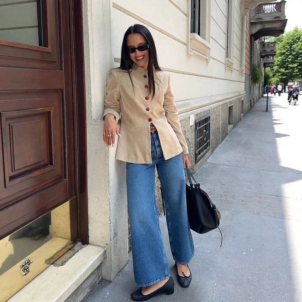Women's Tailored Suede Blazer with Stand Collar and Decorative Buttons Mune Fashion