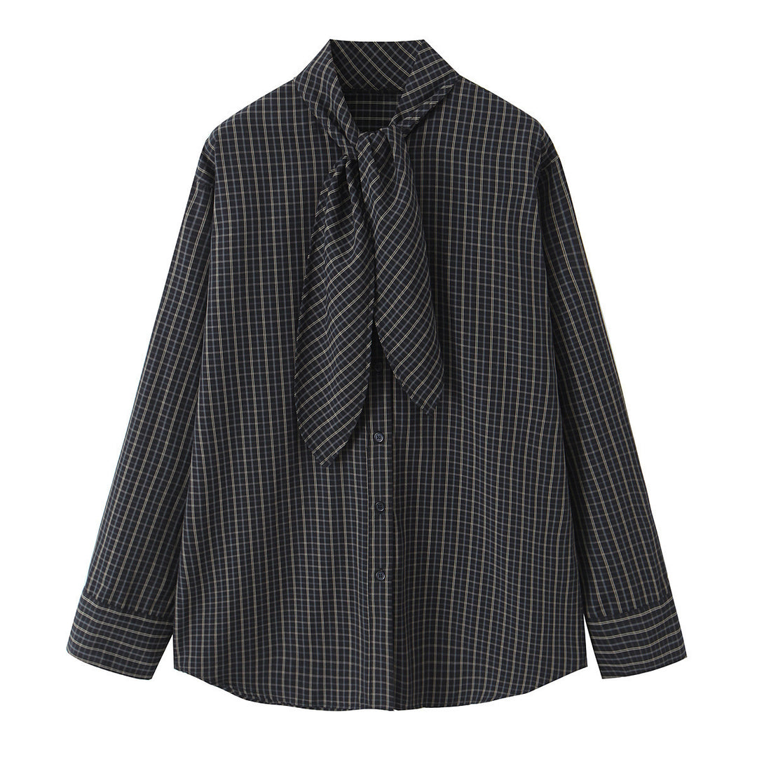 Women Plaid Blouse Shirt with Bow and Loose Fit Mune Fashion