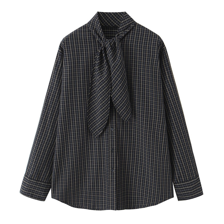 Women Plaid Blouse Shirt with Bow and Loose Fit Mune Fashion