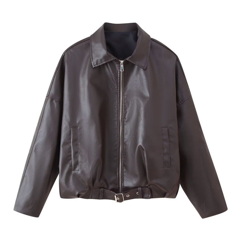 Unisex Oversize Faux Leather Jacket with Zip Shirt Collar and Waist Belt Mune Fashion