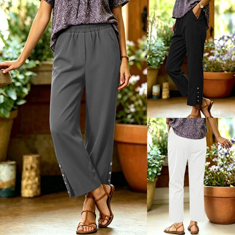 Women Lightweight Relaxed Pants with Elastic Waistband, Side Pockets and Button Detail Mune Fashion