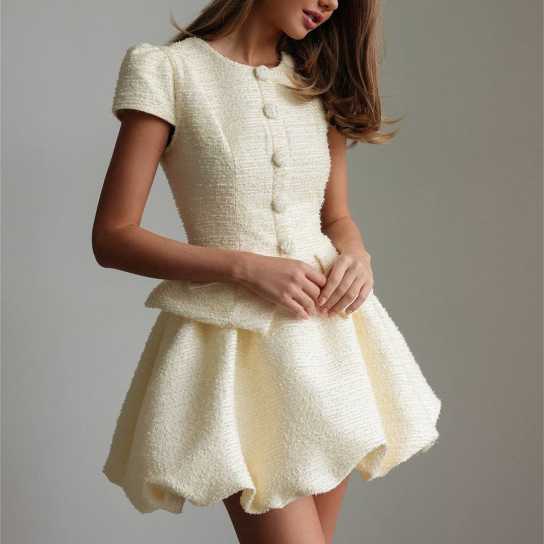 Women's Figure-Hugging Tweed Mini Dress with Peplum and Button Placket Mune Fashion
