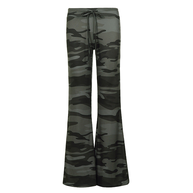 Women Soft Flare Pants in Camouflage Pattern with Drawstring and High Waist Mune Fashion