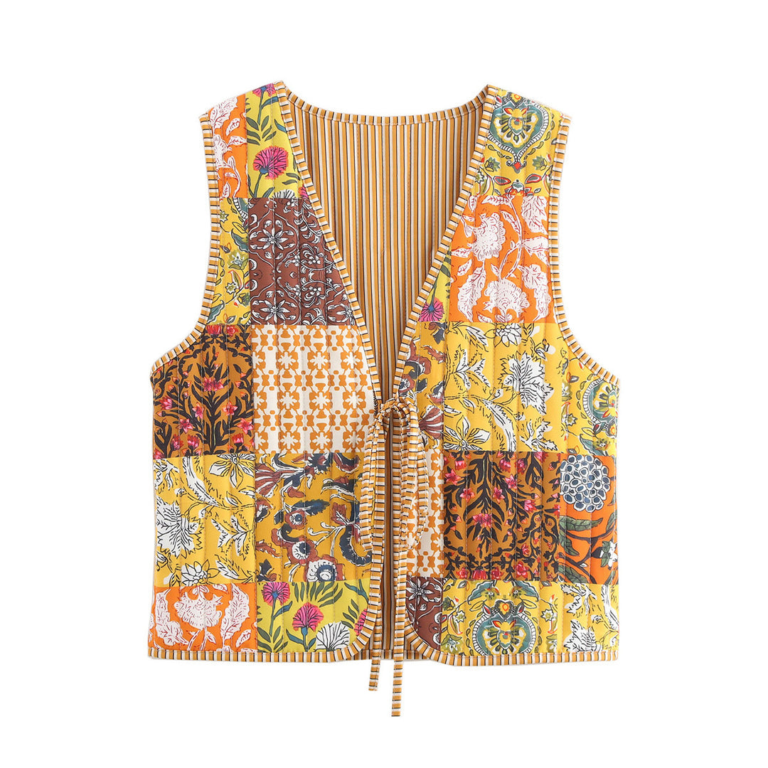 Women Patchwork Vest with Tie Band and V-Neck Mune Fashion