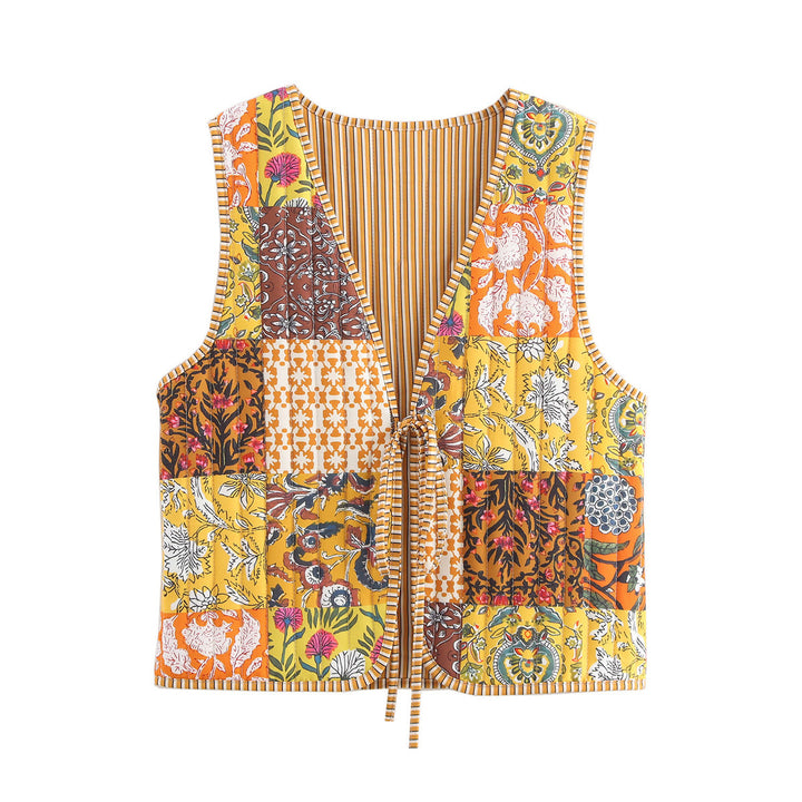 Women Patchwork Vest with Tie Band and V-Neck Mune Fashion