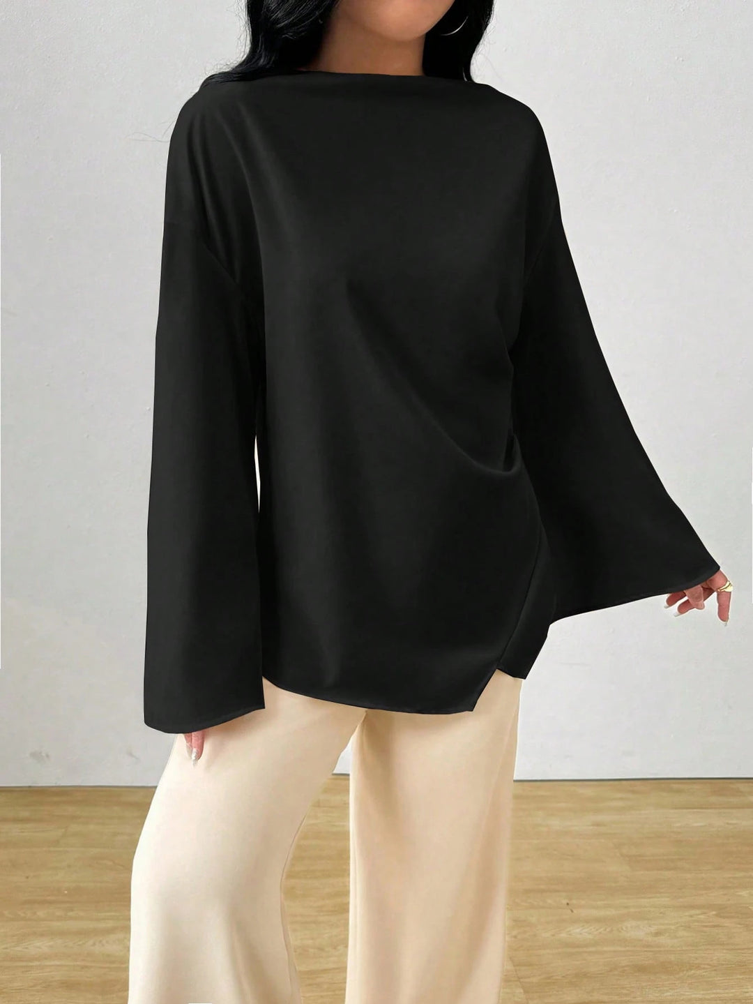 Women oversized satin tunic with boat neck and wide trumpet sleeves Mune Fashion