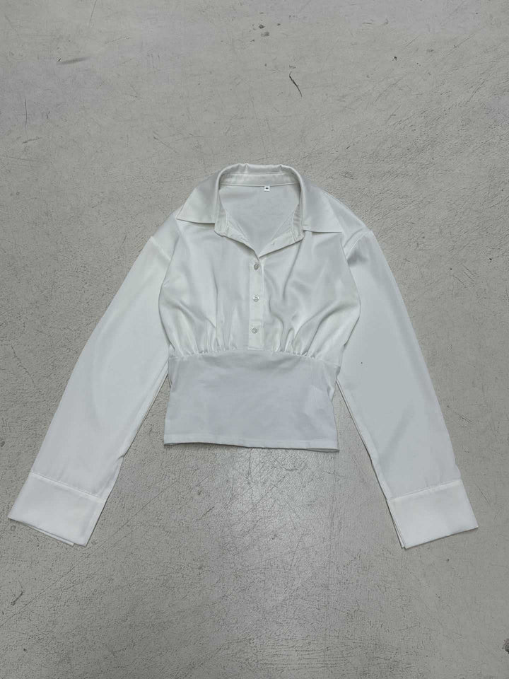 Women's fitted cropped blouse with shirt collar and wide stretchy waistband Mune Fashion