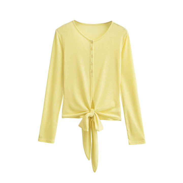 Women’s Long Sleeve Henley Top with Knot Front and Button Placket Mune Fashion