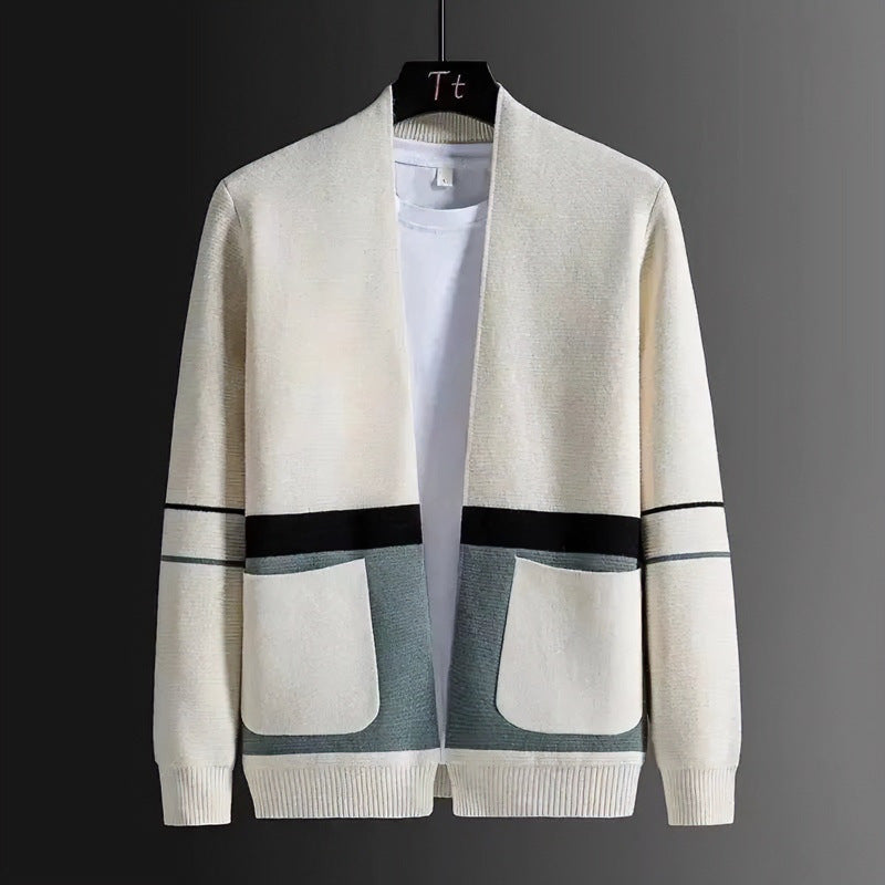 Men's Open Knit Jacket in Colorblock Design with Applied Pockets and Ribbed Hem Mune Fashion