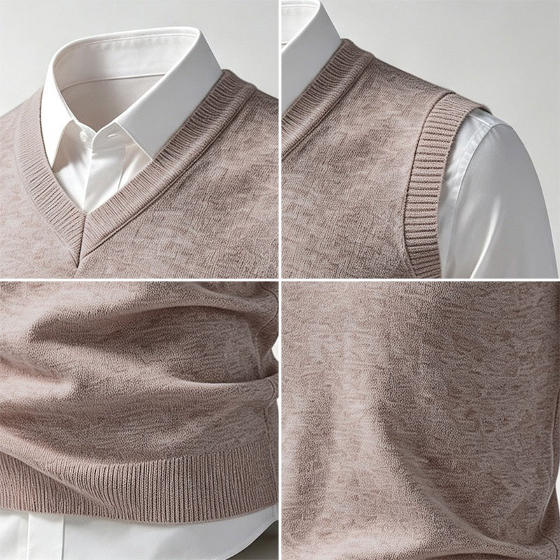 Men's Sleeveless Fine Knit V-Neck Vest with Ribbed Hem Mune Fashion