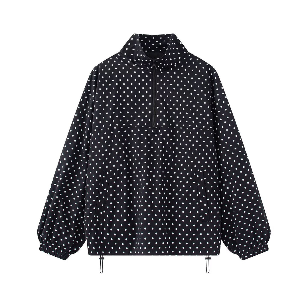 Women's Polka Dot Light Anorak with Half Zip, Kangaroo Pocket and Drawstring Mune Fashion