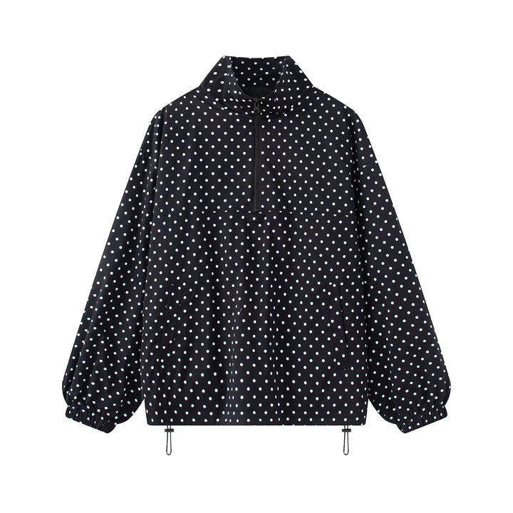 Women's Polka Dot Light Anorak with Half Zip, Kangaroo Pocket and Drawstring Mune Fashion
