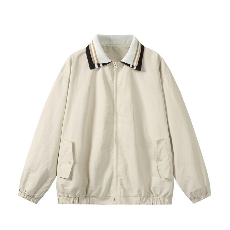 Men's Lightweight Harrington-Style Bomber Jacket with Striped Ribbed Collar and Snap Button Pockets Mune Fashion