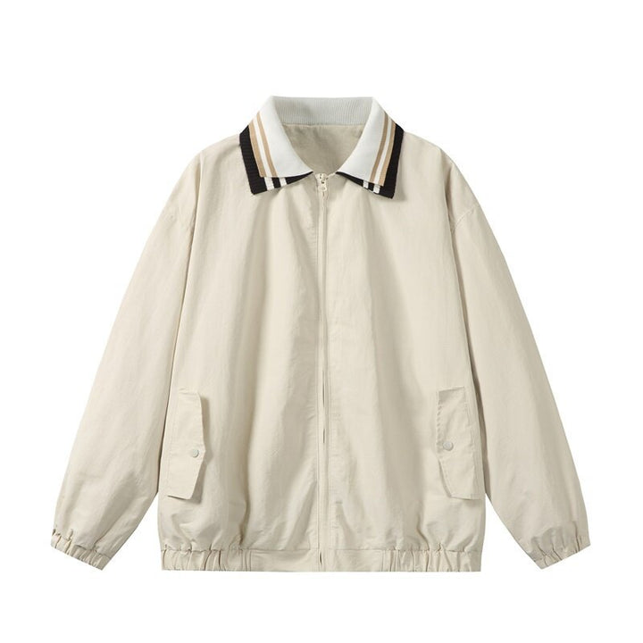 Men's Lightweight Harrington-Style Bomber Jacket with Striped Ribbed Collar and Snap Button Pockets Mune Fashion