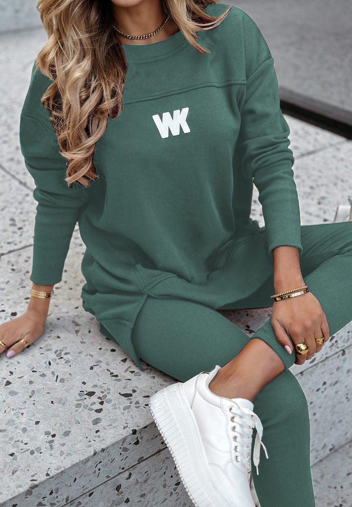 Women's Oversize Long Sweatshirt with Side Slits and High Waist Ribbed Leggings Set Mune Fashion