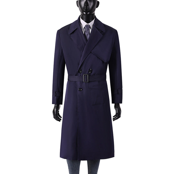 Men's long coat in trench coat style with storm flap, asymmetrical pockets and classic lapel Mune Fashion