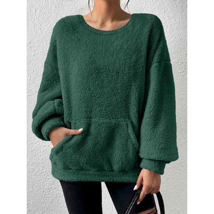 Ladies Cozy Oversized Sherpa Sweater with Kangaroo Pocket and Balloon Sleeves Mune Fashion