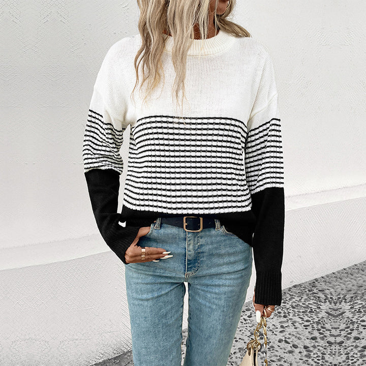 Women's Relaxed-Fit Block Stripe Fine Knit Sweater with Ribbed Cuffs and Dropped Shoulder Mune Fashion