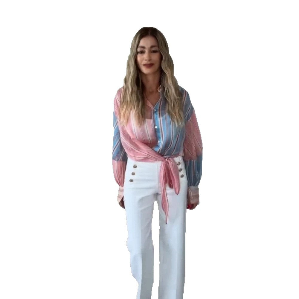 Women Lightweight Striped Shirt Blouse with Knot Front, Oversized Cut & Balloon Sleeves Mune Fashion