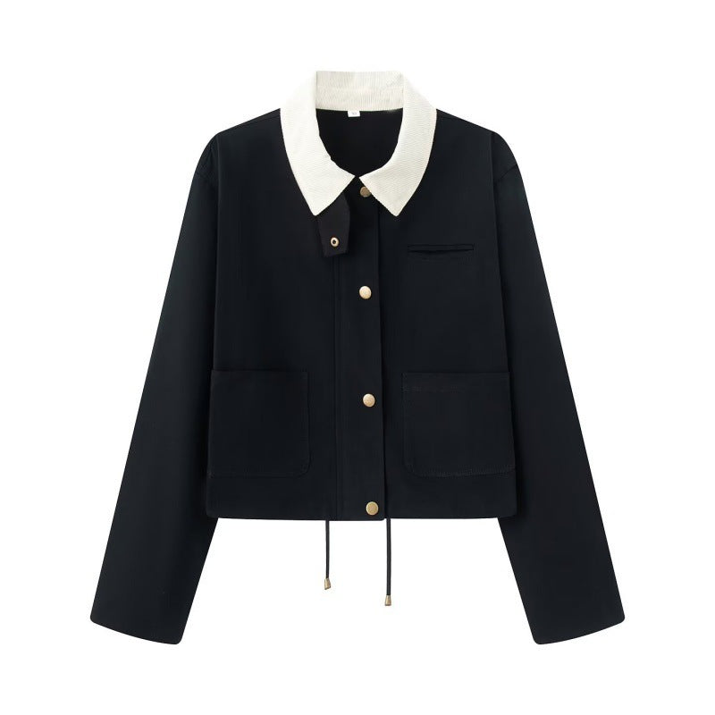 Women's Cropped Workwear Jacket with Cord Collar, Press Buttons and Drawstring Mune Fashion