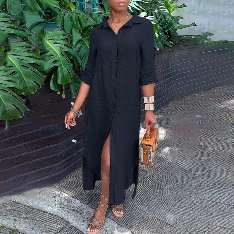 Women's button-up shirt dress with a continuous button placket, side slits, and 3/4 sleeves Mune Fashion