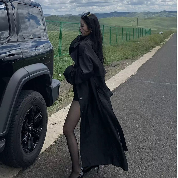 Ladies Elegant Cotton Blend Trench Coat with Asymmetrical Shoulder Flap and Tie Belt Mune Fashion