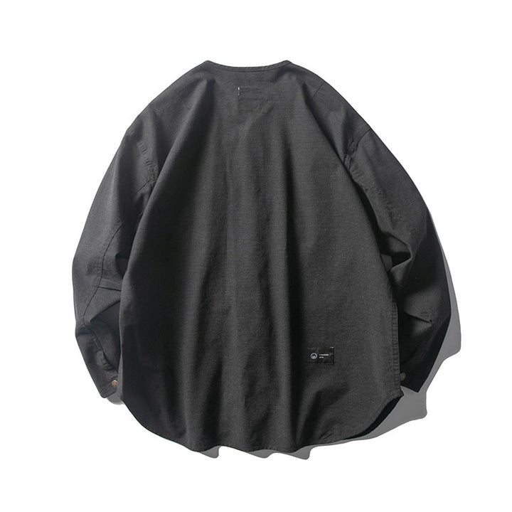 Unisex Collarless Overshirt Jacket with Snap Button Placket and Patch Chest Pockets Mune Fashion