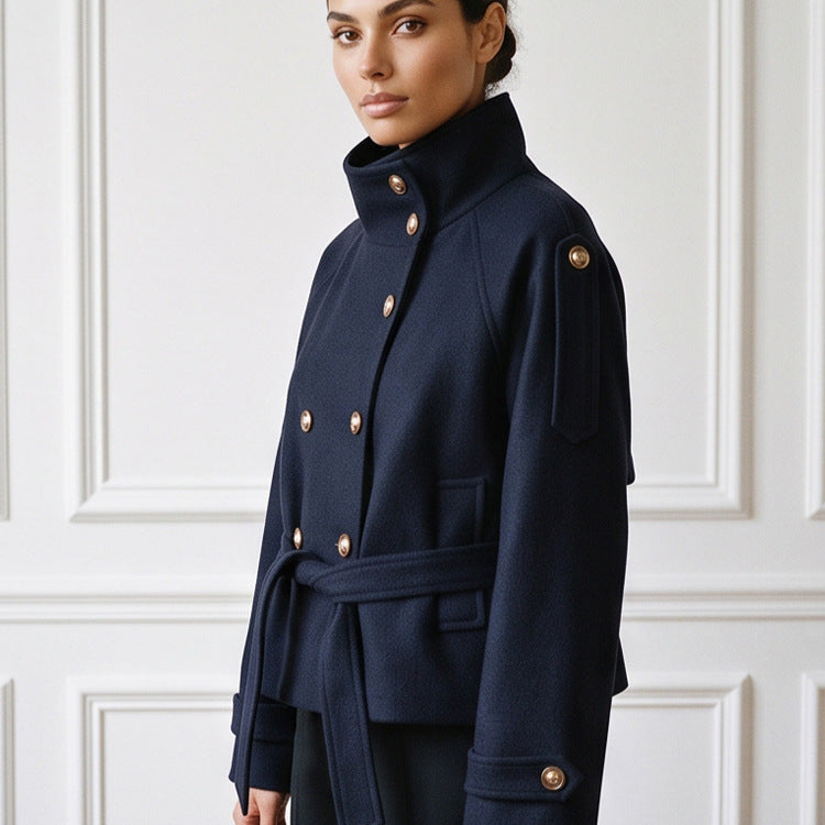 Women Short Double-Breasted Coat with Stand Collar and Tied Belt Mune Fashion