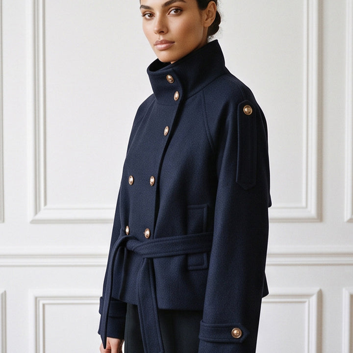 Women Short Double-Breasted Coat with Stand Collar and Tied Belt Mune Fashion