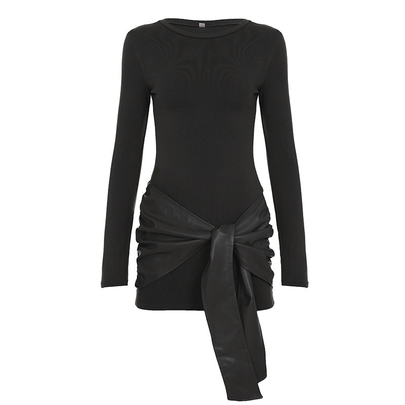 Women's tailored long sleeve mini dress with faux leather wrap waistband and draped detail Mune Fashion