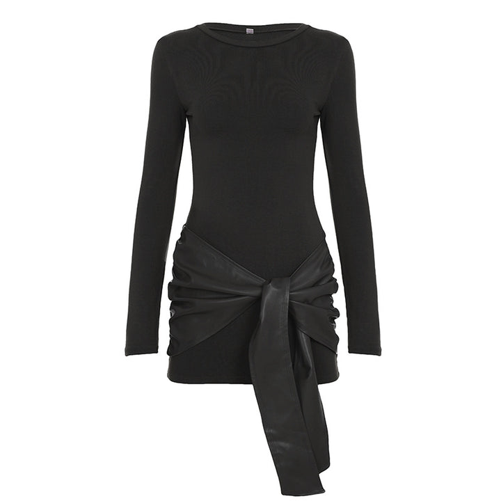 Women's tailored long sleeve mini dress with faux leather wrap waistband and draped detail Mune Fashion