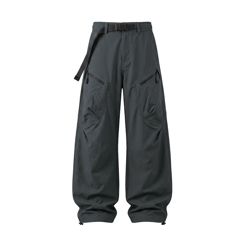 Men's Wide Ripstop Cargo Pants with Integrated Web Belt, Zipper Pockets, and Drawcord Finish Drune