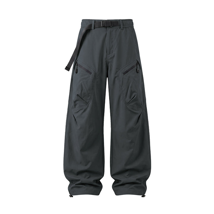 Men's Wide Ripstop Cargo Pants with Integrated Web Belt, Zipper Pockets, and Drawcord Finish Drune