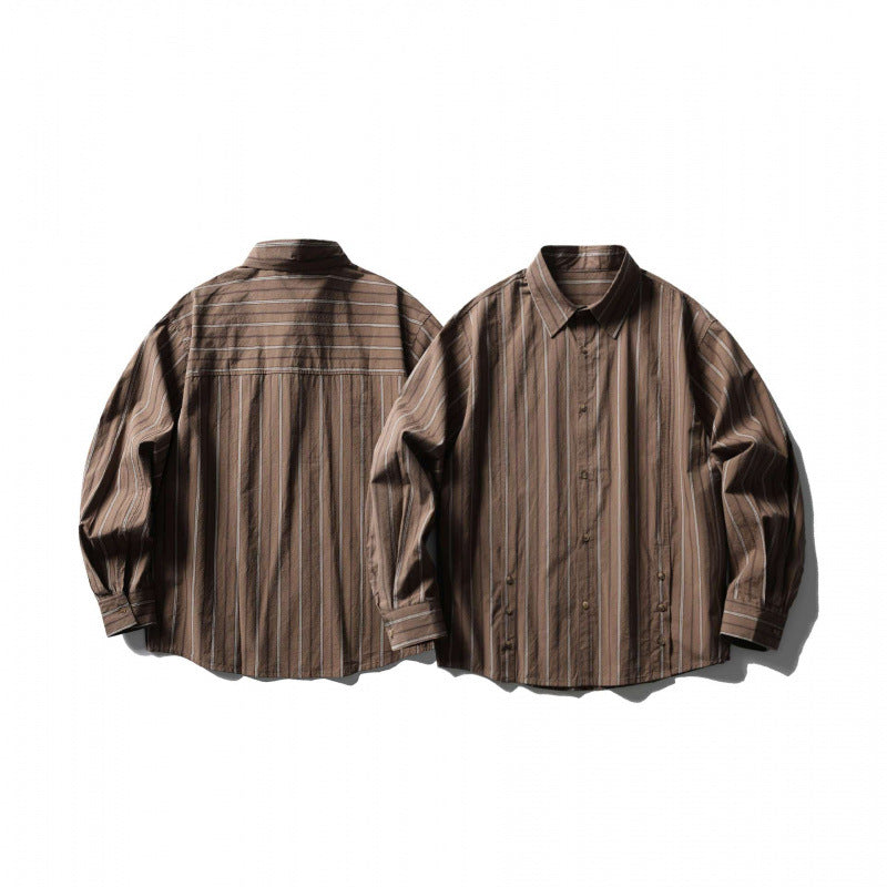 Unisex locker cut striped overshirt made of cotton blend with kent collar and side decorative button plackets Mune Fashion