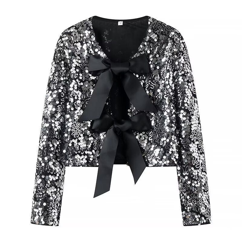 Women Sequin Bolero Jacket with Decorative Satin Bows Mune Fashion
