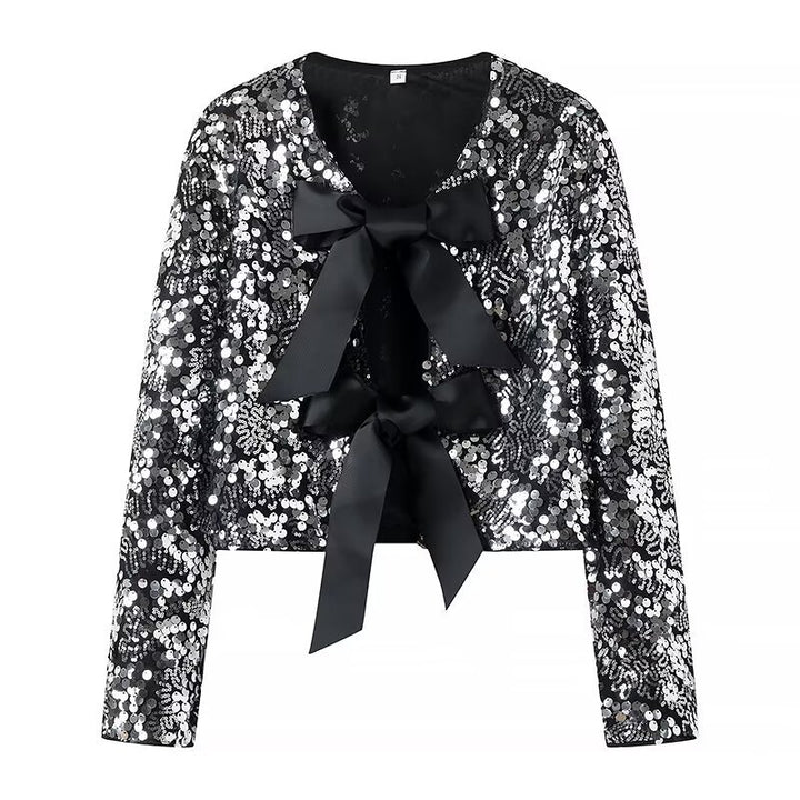 Women Sequin Bolero Jacket with Decorative Satin Bows Mune Fashion
