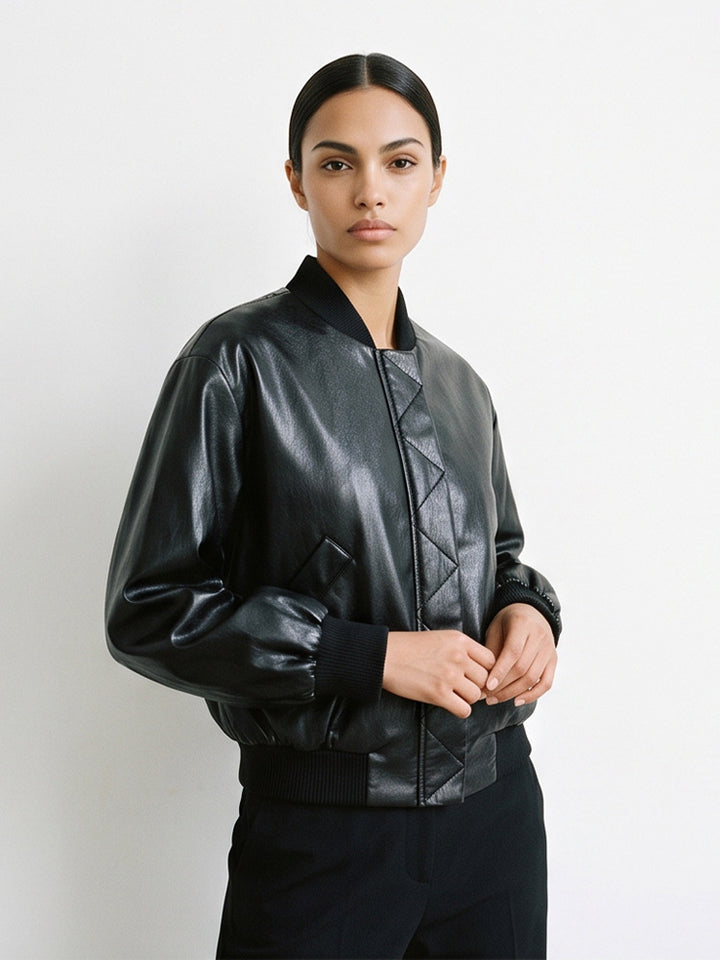 Women's Short Faux Leather Bomber Jacket with Ribbed Cuffs and Geometric Quilted Yoke Mune Fashion