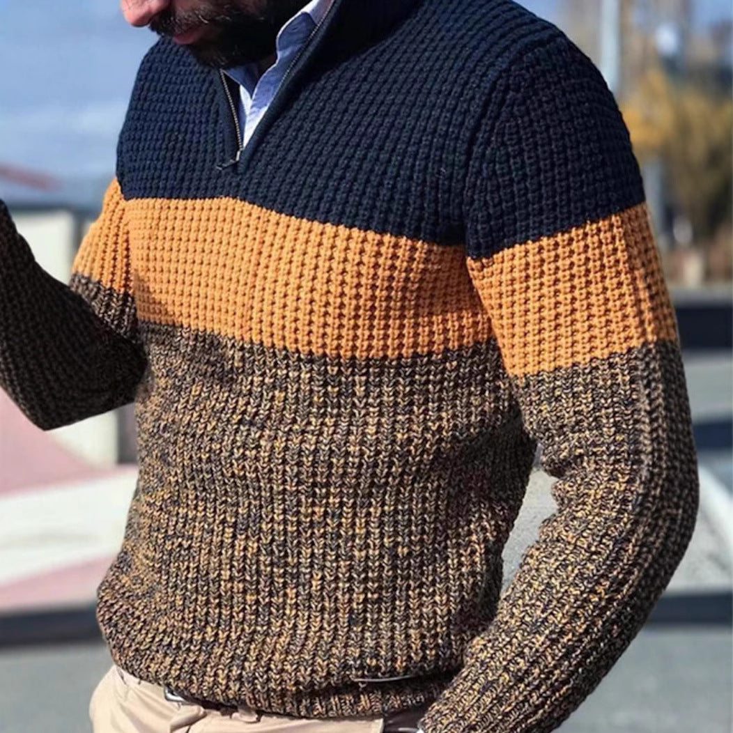 Men's chunky textured knit pullover with half zipper and raglan sleeves Mune Fashion