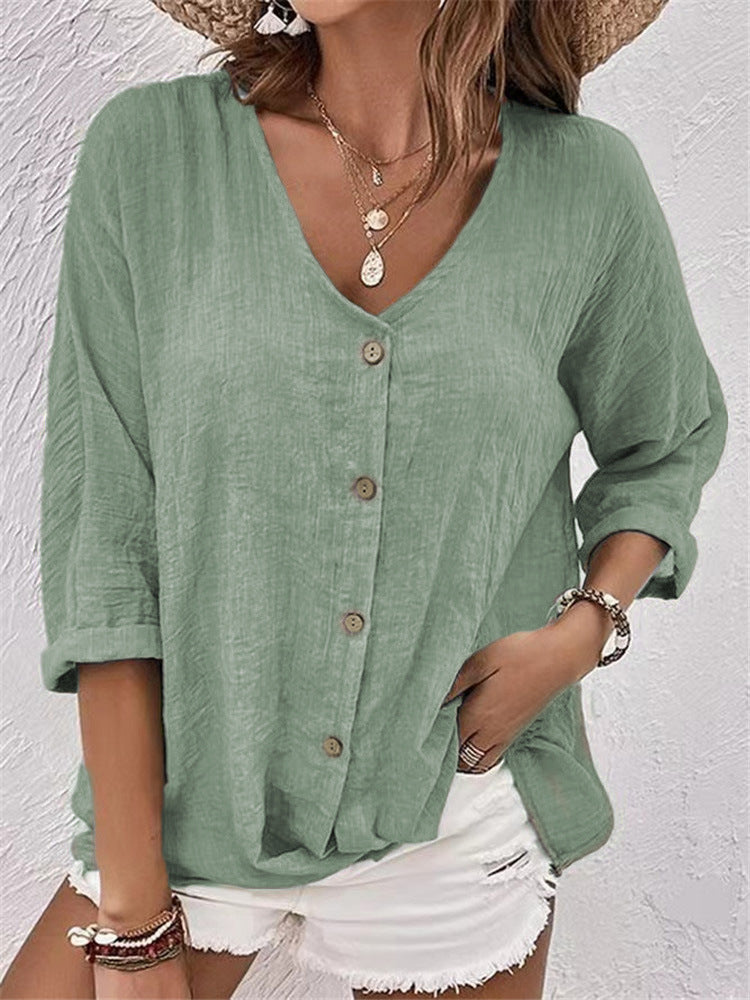 Women Loose V-Neck Blouse in Linen Look with Button Placket and Roll-Up Three-Quarter Sleeves Mune Fashion