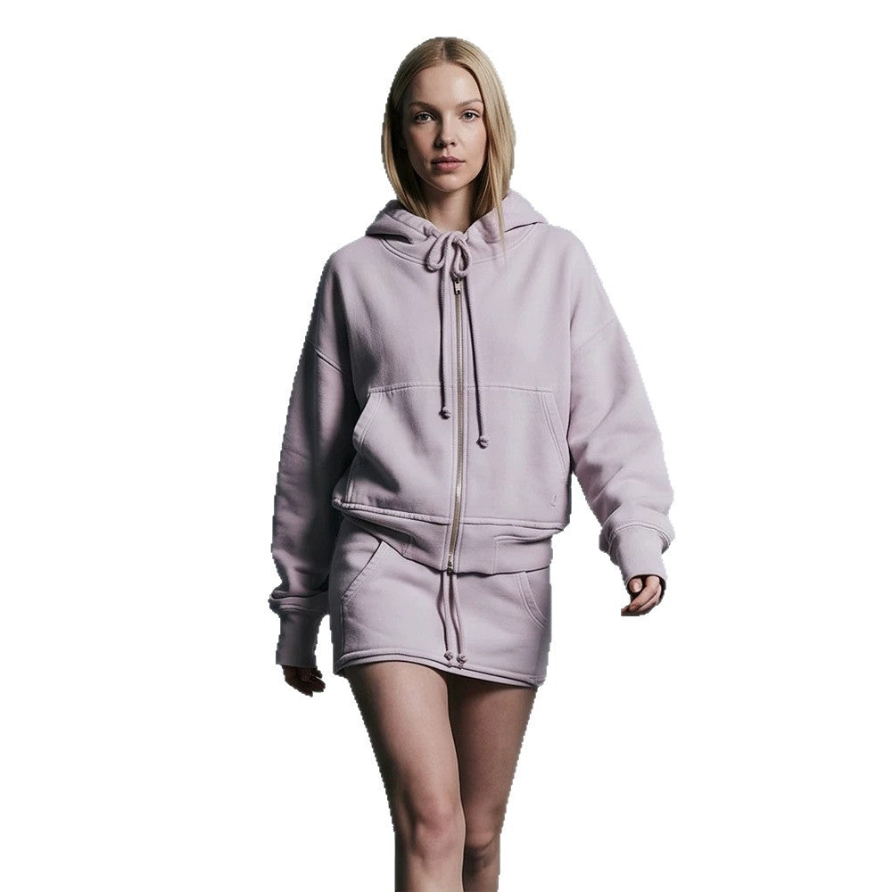 Ladies cropped hoodie sweatshirt with full zip, kangaroo pockets, and extended sleeve cuffs Mune Fashion