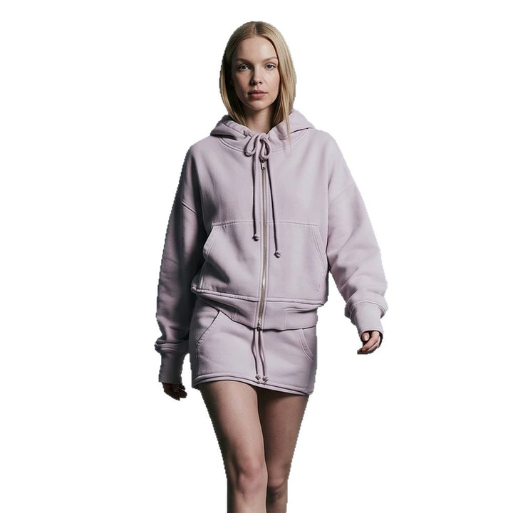 Ladies cropped hoodie sweatshirt with full zip, kangaroo pockets, and extended sleeve cuffs Mune Fashion