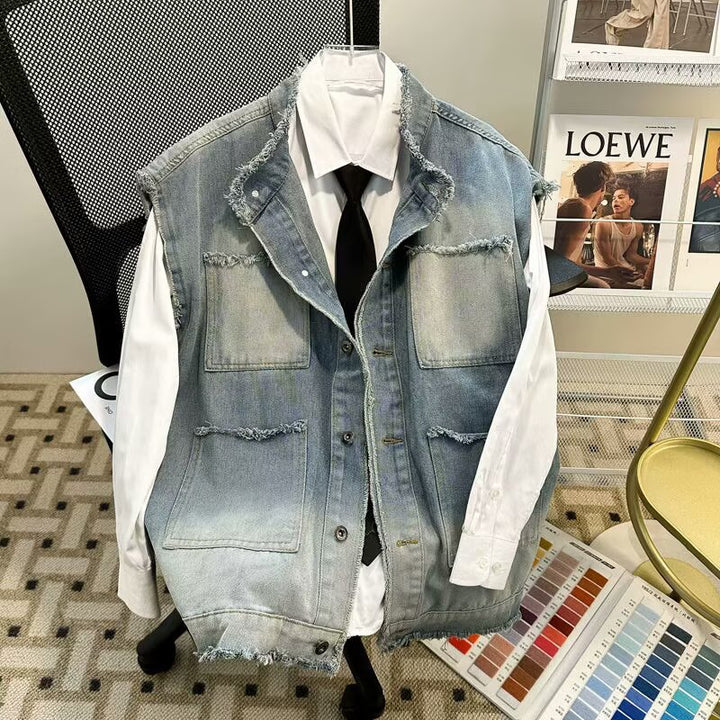 Men's Sleeveless Denim Vest in Vintage Used Look with Frayed Hem and Ombre Fading Mune Fashion