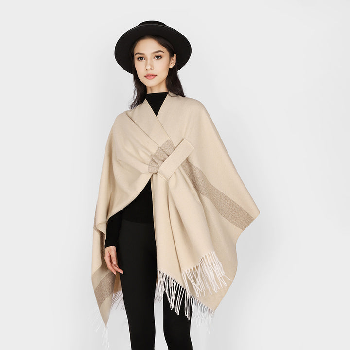Women wool blend cape poncho with tie loops, soft woven oversized cover-up and fringe hem Mune Fashion