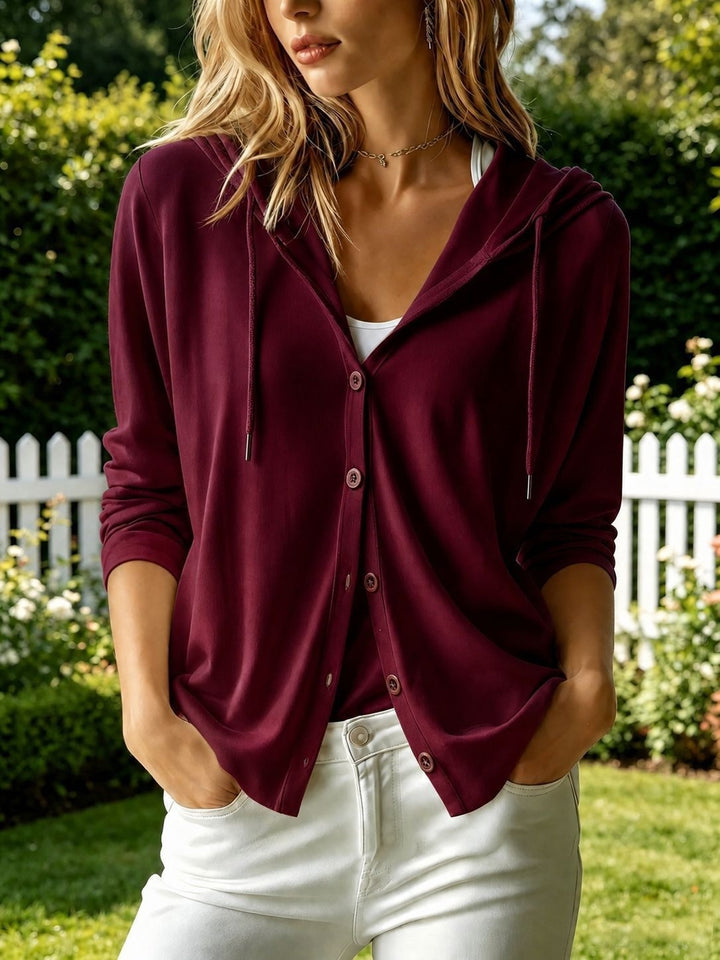 Women's Lightweight Hooded Cardigan with Button Placket and Drawstring Mune Fashion