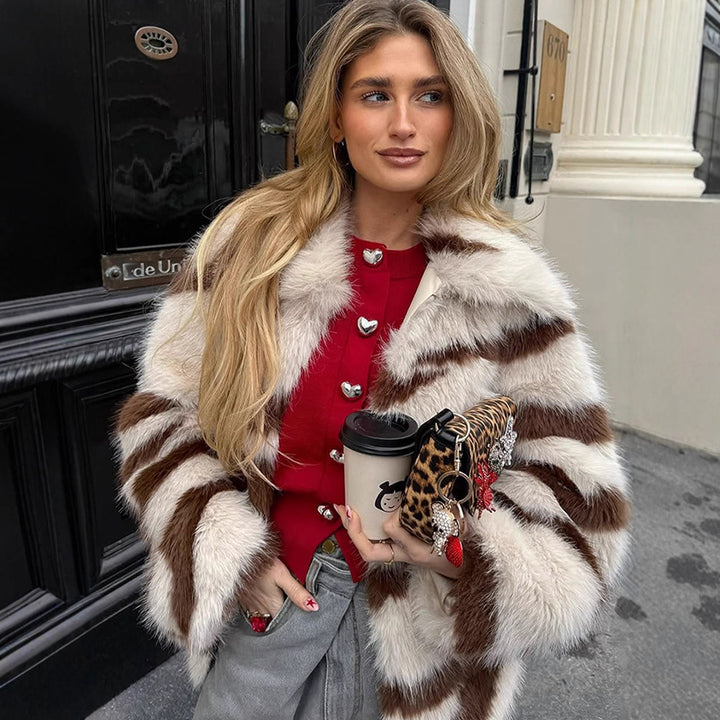 Women Striped Oversize Faux Fur Coat with Short Boxy Cut Mune Fashion