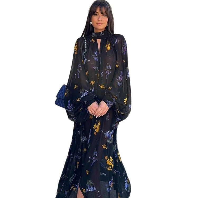Women's Chiffon Maxi Dress with Stand Collar, Keyhole Neckline & Voluminous Balloon Sleeves Mune Fashion